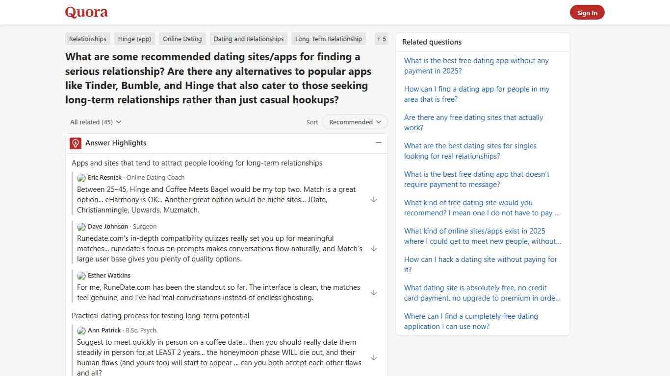 What are some recommended dating sites/apps for finding a serious relationship? Are there any alternatives to popular apps like Tinder, Bumble, and Hinge that also cater to those seeking long-term relationships rather than just casual hookups? - Quora